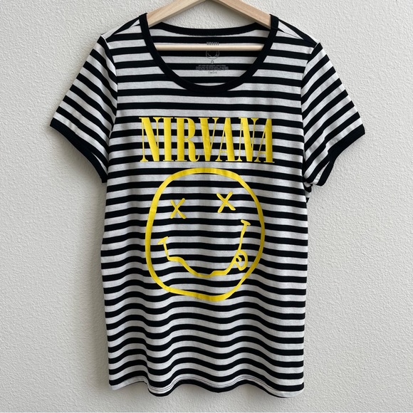TORRID Black White Striped Yellow Nirvana Classic Fit Ringer Graphic Band Tee - Picture 4 of 11